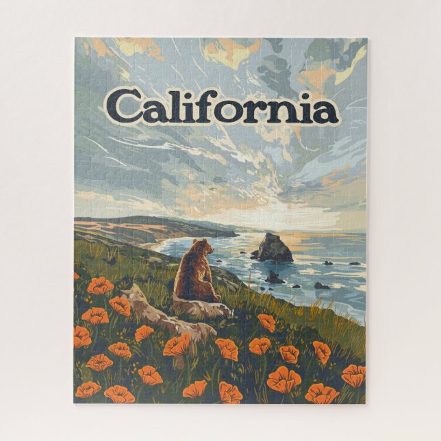 Puzzle California Bear Poppies Flowers Coast Retro (Vertical)