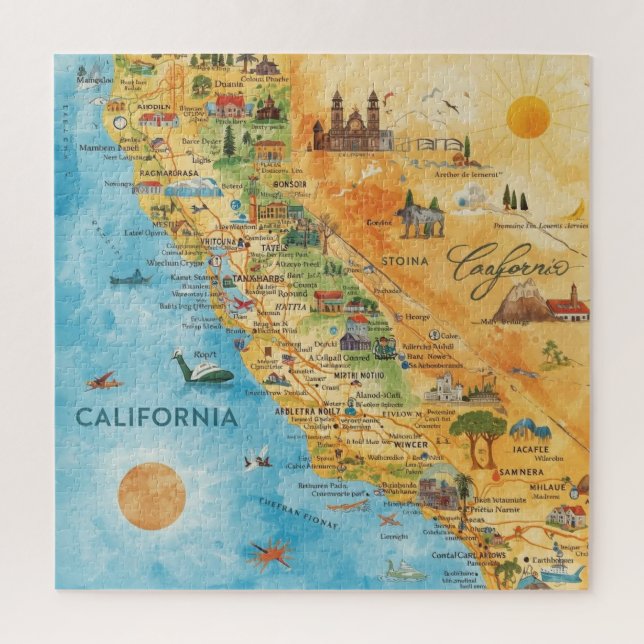 Puzzle California Illustrated Watercolor Map Art (Vertical)