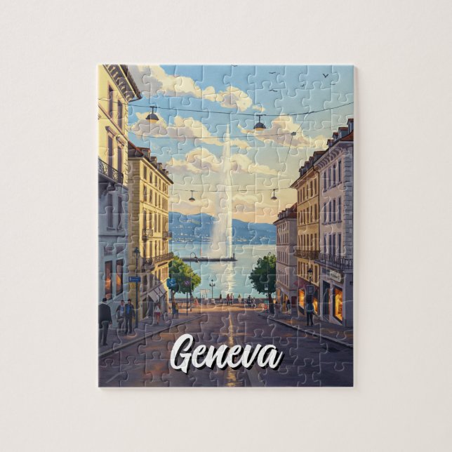 Puzzle Calle Ginebra Suiza Viaje Jet d'eau Sunset (Vertical)