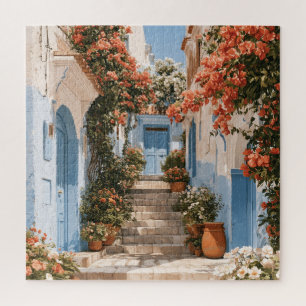 Puzzle Callejón mediterráneo soleado con puertas azules