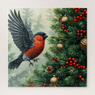 Puzzle Camachuelo posado en un árbol de Navidad decorado