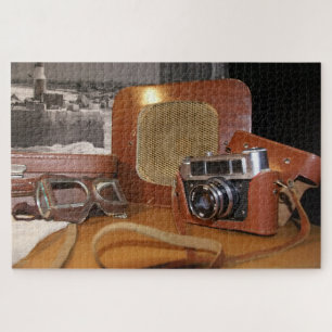 Puzzle Cámara analógica vintage en funda marrón de cuero