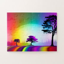 Camino arcoiris a través de árboles de silueta con