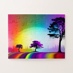 Puzzle Camino arcoiris a través de árboles de silueta con