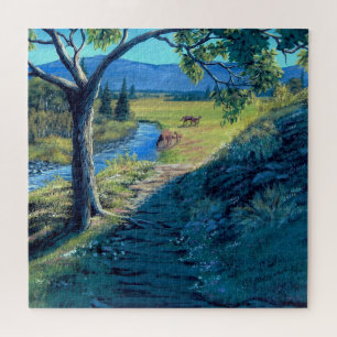 Puzzle Camino soleado al campo y caballos con potros