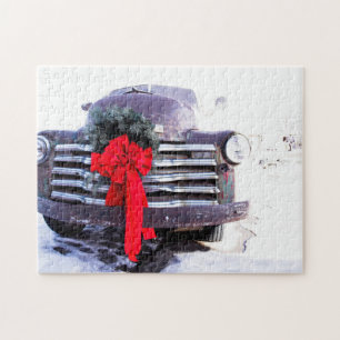 Puzzle Camión antiguo con corona de Navidades festivos