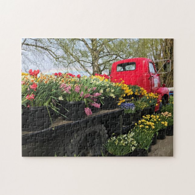 Puzzle Camión rojo con flores de primavera y arcoiris (Horizontal)