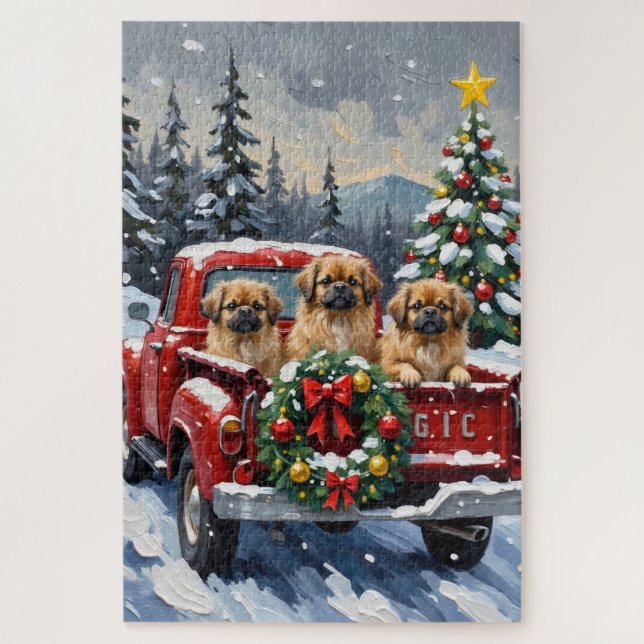 Puzzle Camión Rojo de Navidad Pekinés Feriado (Vertical)