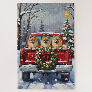 Puzzle Camión Rojo de Navidad Pomerania Regalo de Fiesta
