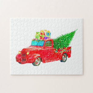 Puzzle Camión rojo navidad con un árbol de Navidad y rega