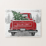 Puzzle Camión Rojo Vintage Árbol de Navidad Nombre Rústic<br><div class="desc">Reúnase con su familia y armen este rompecabezas perfecto para cualquiera que ame los camiones. Este diseño presenta un camión rojo vintage que lleva un árbol de Navidad verde recién cortado en una escena nevada con pinos sobre un fondo de madera blanca y gris. Personaliza con tu nombre y el...</div>