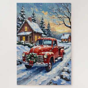 Puzzle Camión rojo vintage de Navidad en carretera rural