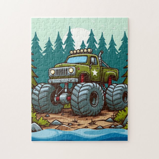 Puzzle Camión verde monstruo en el bosque (Vertical)