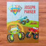 Puzzle Camiones coloridos monstruales de niño pequeño con<br><div class="desc">Añade un poco de diversión al dormitorio de tu niñito con este lindo rompecabezas que tiene tres coloridos camiones monstruo. Hay un camión monstruo verde conduciendo a través de un anillo de fuego, un camión monstruo rojo observando, y un camión monstruo azul saltando sobre una pila de tierra. También hay...</div>