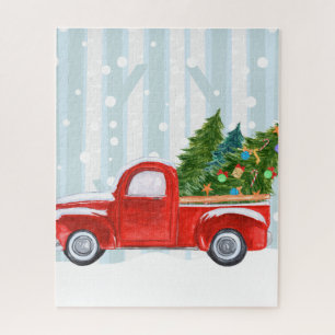Puzzle Camioneta pickup roja del navidad en un camino