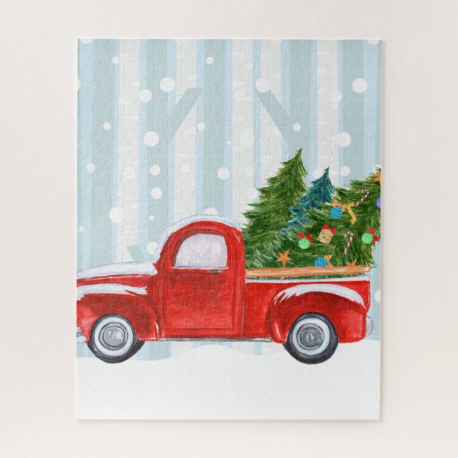 Puzzle Camioneta pickup roja del navidad en un camino (Vertical)