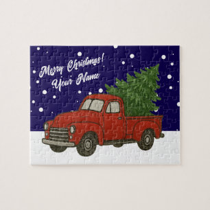 Puzzle Camioneta roja antigua con árbol de Navidad
