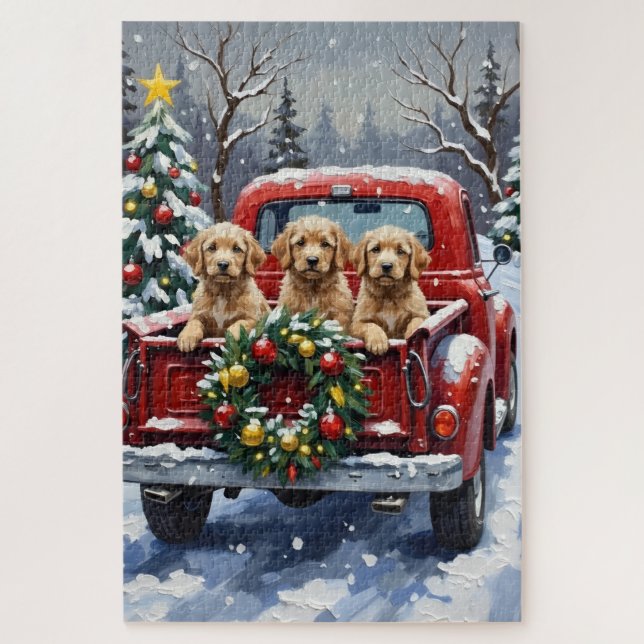 Puzzle Camioneta Roja de Navidad Cockapoo Fiesta (Vertical)