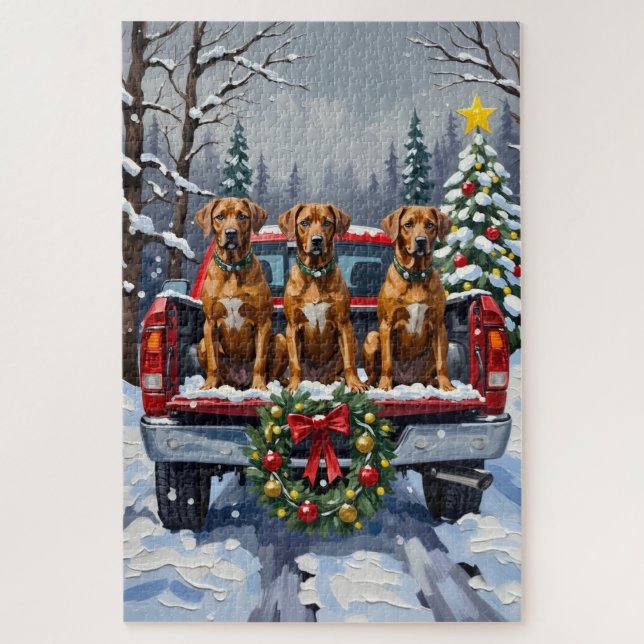 Puzzle Camioneta Roja de Navidad con Rhodesian Ridgeback  (Vertical)
