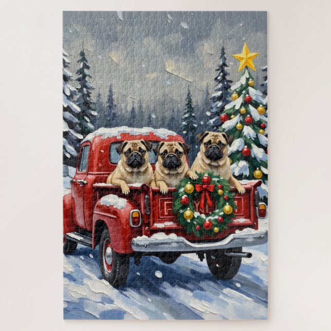 Puzzle Camioneta Roja de Navidad Pug Fiesta (Vertical)