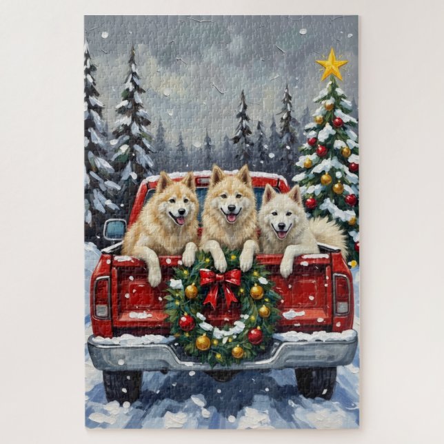 Puzzle Camioneta Roja de Navidad Samoyed Fiesta (Vertical)