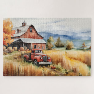 Puzzle Camioneta vieja y granero rojo en otoño 20x30