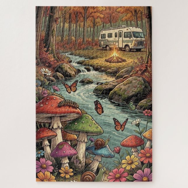 Puzzle Campamento Retro, Hongos, Arroyo y Flores (Vertical)