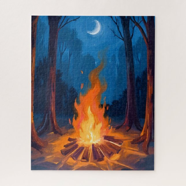 Puzzle Campfire Moon | Nature Watercolor Painting (Vertical)