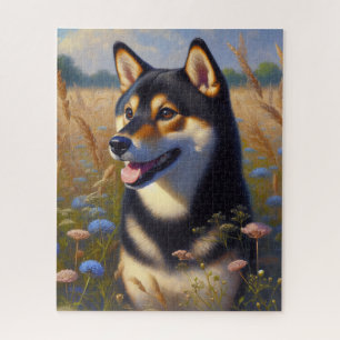 Puzzle Campo de flores silvestres Black and Tan Shiba Inu