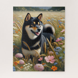 Puzzle Campo de flores silvestres negras y tan shiba inu
