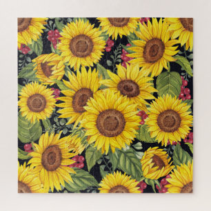 Puzzle Campo de girasoles: fondo negro de acuarela