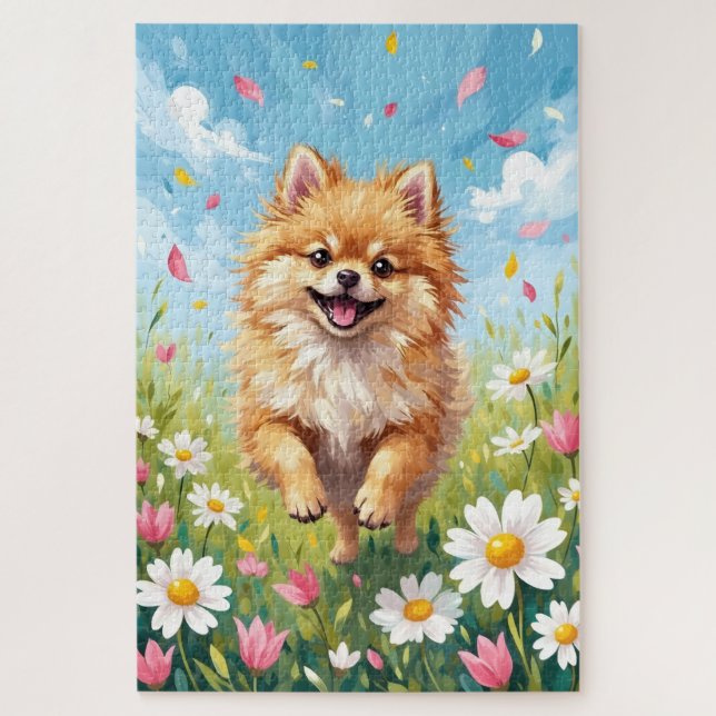 Puzzle Campo de margaritas primaveral adorable perro pome (Vertical)