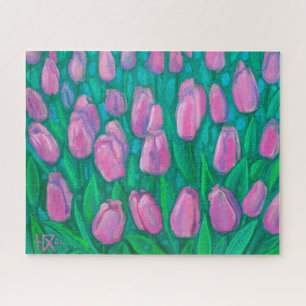 Puzzle Campo de tulipanes rosados, pintura con flores de 