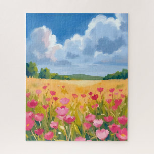 Puzzle Campo Floral de Flores Silvestres Rosadas Pintura