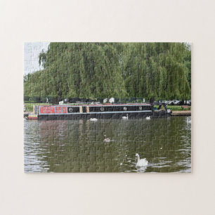 Puzzle Canal Boat y Swans en el río Avon England Reino Un