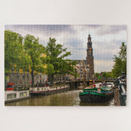 Puzzle Canal y antigua iglesia en Amsterdam, Países Bajos