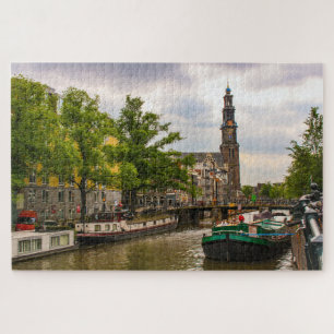 Puzzle Canal y antigua iglesia en Amsterdam, Países Bajos