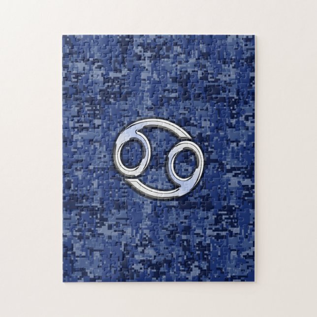 Puzzle Cancer Zodiac Sign on Navy Blue Digital Camo (Vertical)