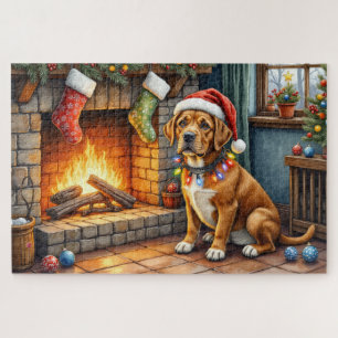 Puzzle Cane Corso Chimenea con Luces de Navidad