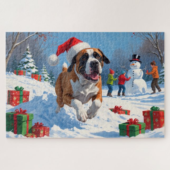 Puzzle Cane Corso corre en Nieve con Gorra Navidad (Horizontal)