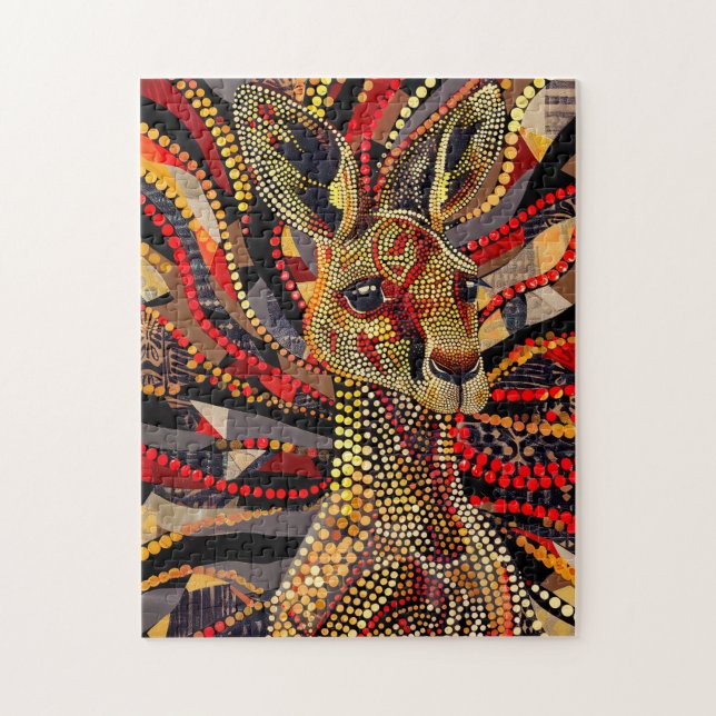 Puzzle Canguro Rojo en Estilo de Arte de Puntos Aborigen (Vertical)