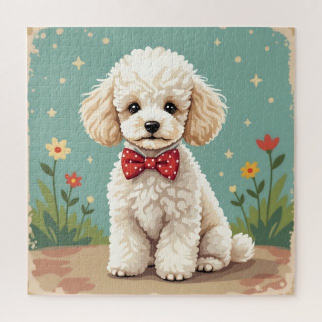 Puzzle Caniche blanco adorable con corbata de lazo (Vertical)
