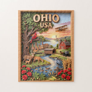 Puzzle Capa de paisaje 3D de Ohio con fauna y puesta de s