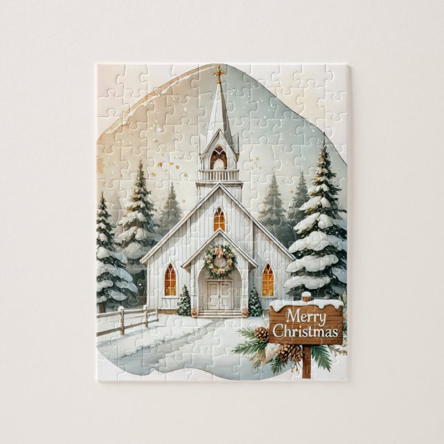 Puzzle Capilla blanca del campo | Escena de Navidades noc (Vertical)