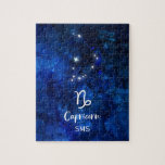 Puzzle Capricornio Constelación Zodiaca Galaxia Sky Monog<br><div class="desc">Capricornio Constelación Zodiac Galaxy Diseño Monograma Sky con el estilo de moda de la letra Brushed Script, textura de fondo de color azul celeste oscuro, constelación de estrellas brillantes y símbolo de la cabra marina. Rótulo Astrológico Moderno Horoscopio de Nacimiento, es perfecto para cualquier cumpleaños de Capricornio del 22 de...</div>