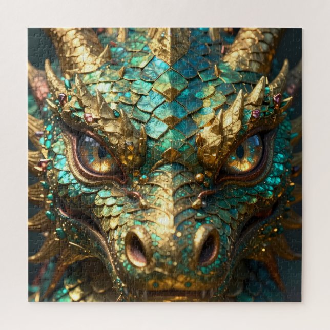 Puzzle Cara de Dragón Turquesa y Dorado (Vertical)