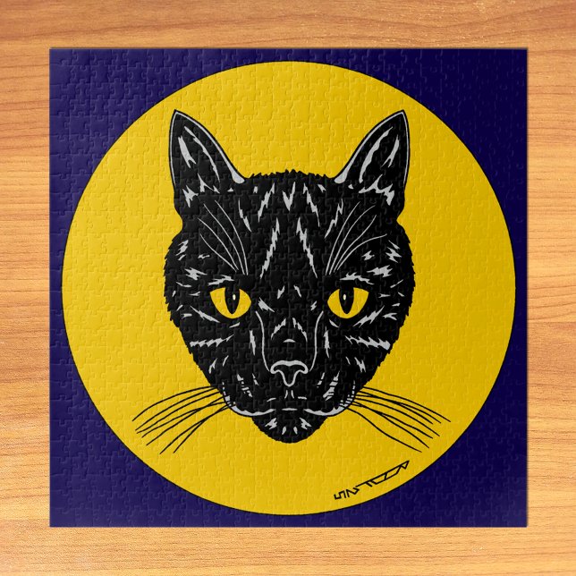 Puzzle Cara de gato negro (Black Cat Face Puzzle on Table)
