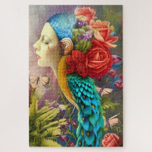 Puzzle Cara femenina con plumas florales y de pavo real