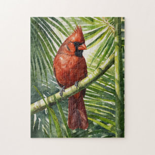 Puzzle Cardenal acuarela en un árbol de palma