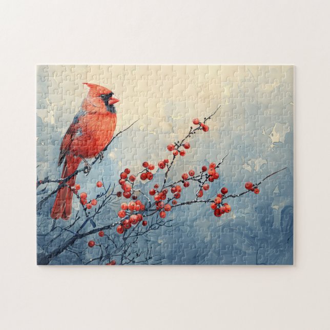 Puzzle Cardenal de color de agua Bird Red Berries (Horizontal)